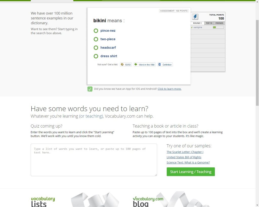 Capture écran site Vocabulary.com