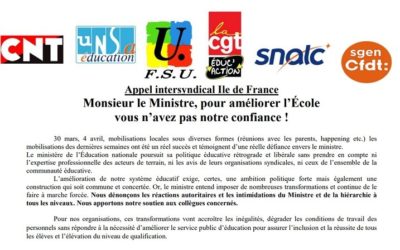 Une intersyndicale d&rsquo;Ile-de-France appelle à la mobilisation dans l&rsquo;éducation jusqu’au 18 avril