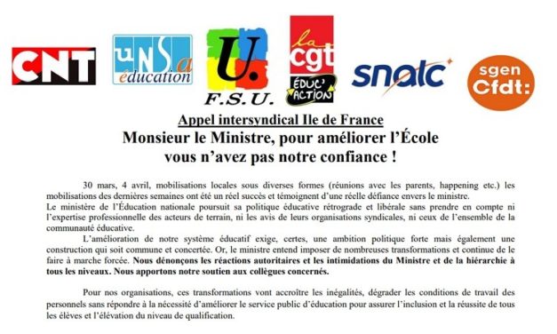 Une intersyndicale d’Ile-de-France appelle à la mobilisation dans l’éducation jusqu’au 18 avril