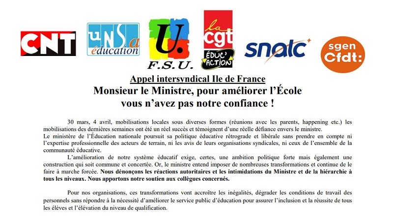 Une intersyndicale d’Ile-de-France appelle à la mobilisation dans l’éducation jusqu’au 18 avril