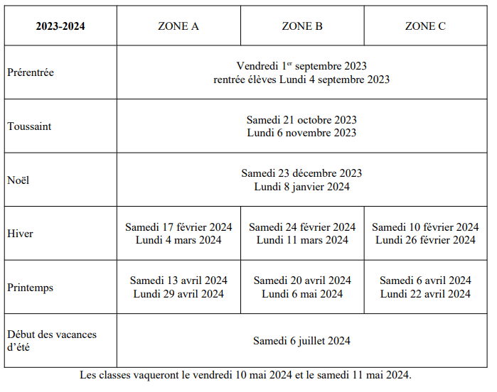 Quel est le calendrier des vacances scolaires 2023-2024, 2024-2025,  2025-2026 ?