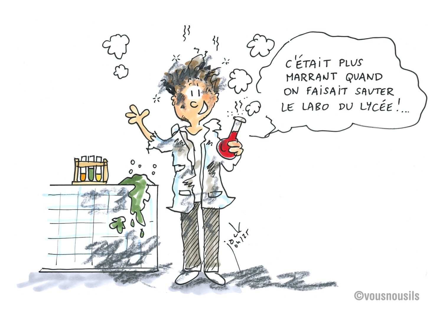 Les expériences explosives en physique-chimie, c'était le bon vieux temps ! 2025-04 DESSIN Vousnousils encré 01