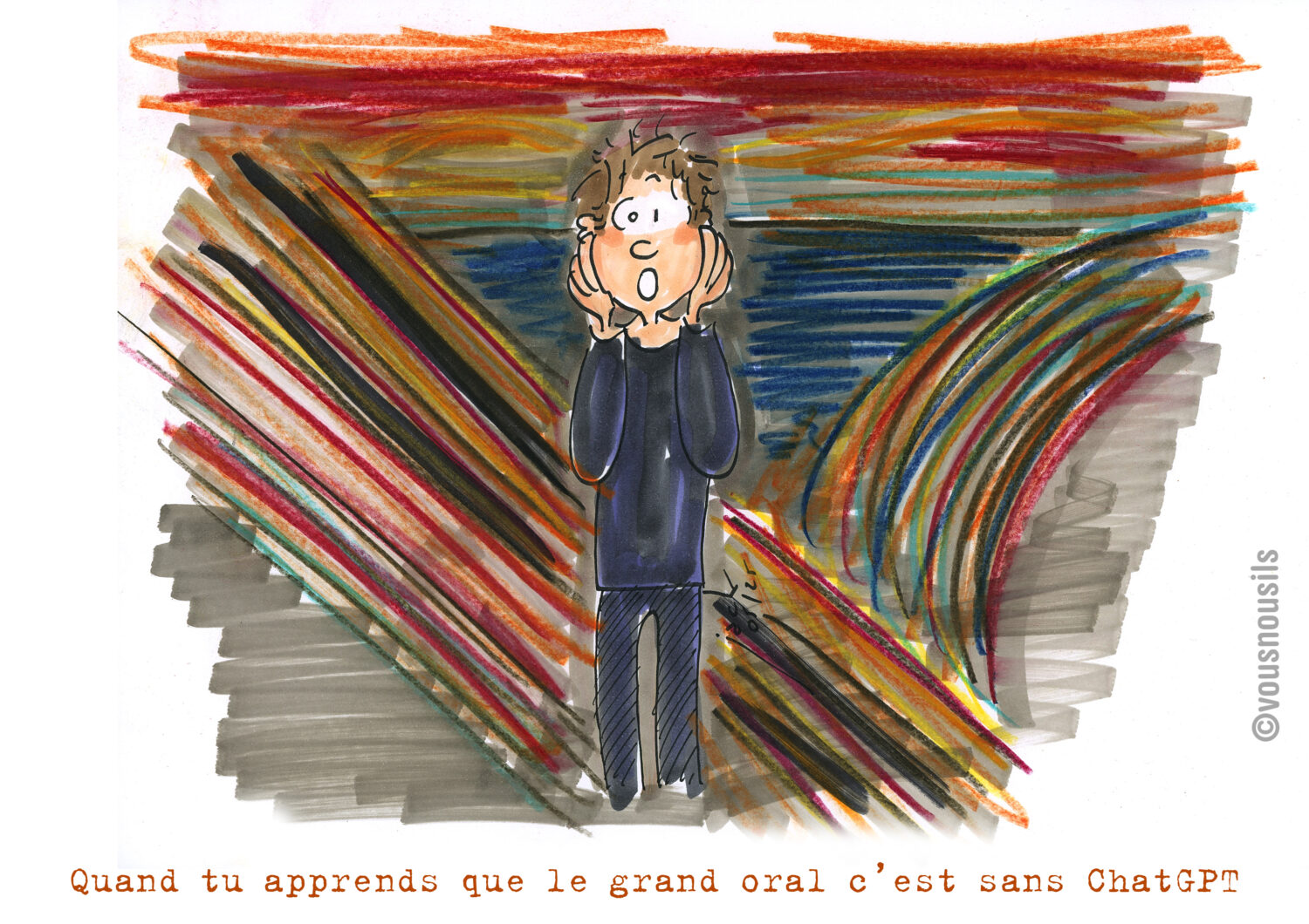 Pas de ChatGPT pendant le bac : le cri d'angoisse des élèves ! 2025-05 DESSIN Vousnousils encré 02