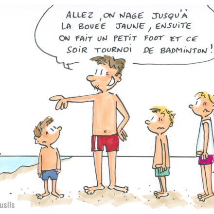 prof d'eps en vacances à la plage qui entraîne ses enfants